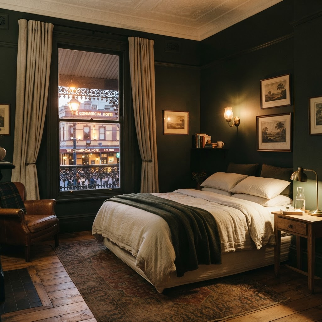 A boutique room above a heritage Australian pub at dusk